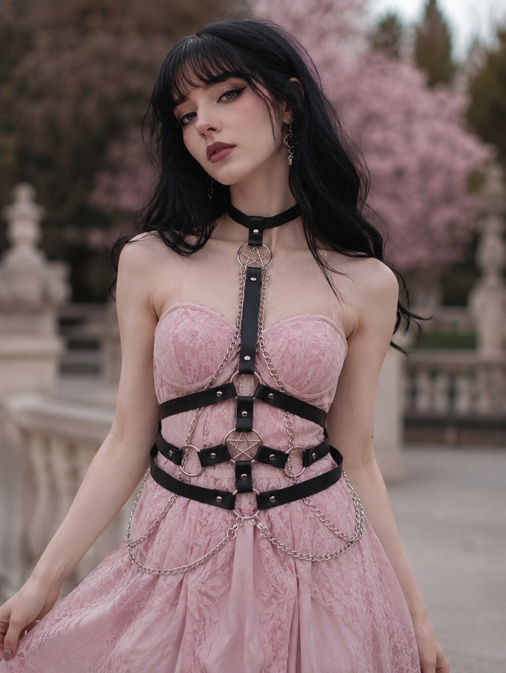 NEW Black Faux Leather Pentagram Body Harness with Silver Chains